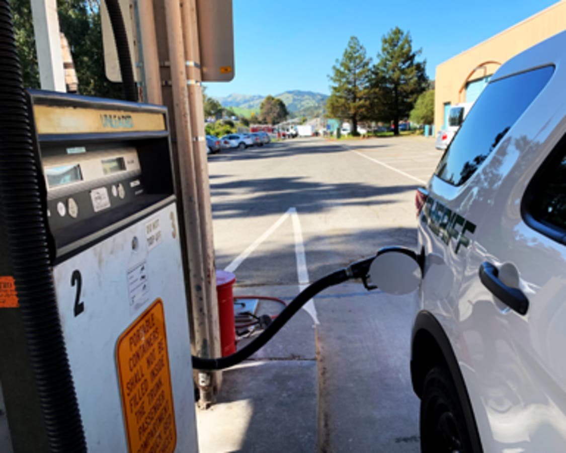 A Marin County Sheriff’s Office vehicle fills up at one of the county’s fueling stations.