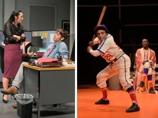 Photos from left: Kendra (Melanie Arii Mah) trades barbs with Dean (Jeremy Kahn) in "Gloria"; "Toni Stone" (Dawn Ursula) steps up to the plate while ‘Millie’ (Kenn E. Head) watches.