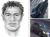 The Los Angeles Police Department released photos of vehicle with paper plates and drawing of the suspect, described as having No. “1” tattoo on his face. 
