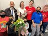 Teacher of the Year Christy Taylor (back, center) with supporters from Cabrillo Elementary, including Principal David Thornley (back, left), at March 23, 2022 Fremont Unified School District Board of Education meeting.