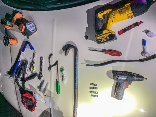 Tools reportedly recovered in a Pleasanton case.