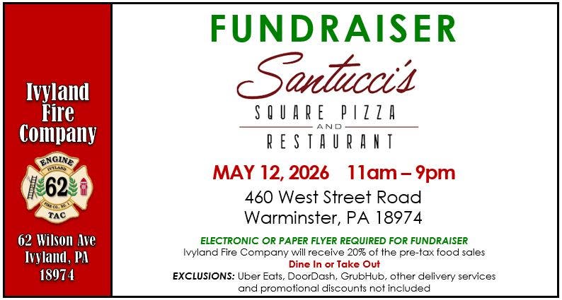 FUNDRAISER at Santucci's for Ivyland Fire Company on 05/12/2026