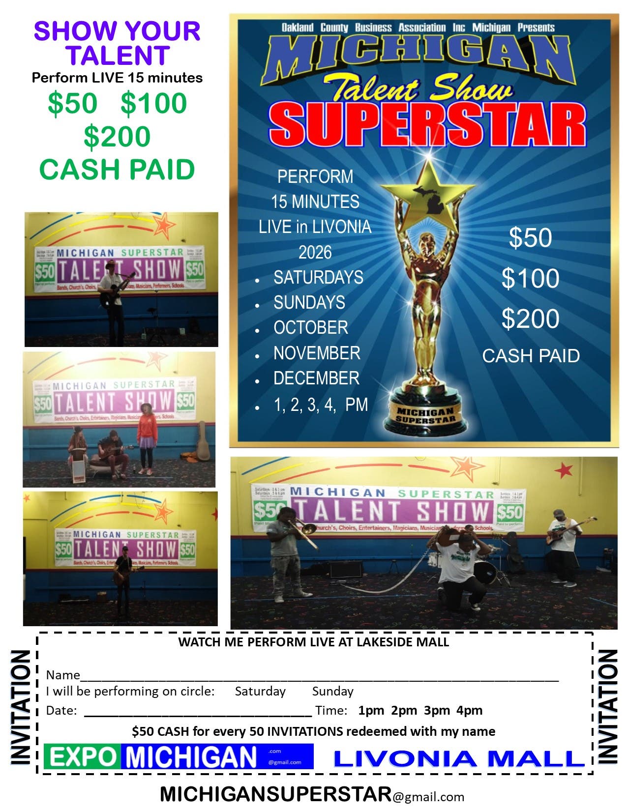 MICHIGAN SUPERSTAR Talent Show, $50 Cash perform 15 minutes, $100 / $200 Bonus