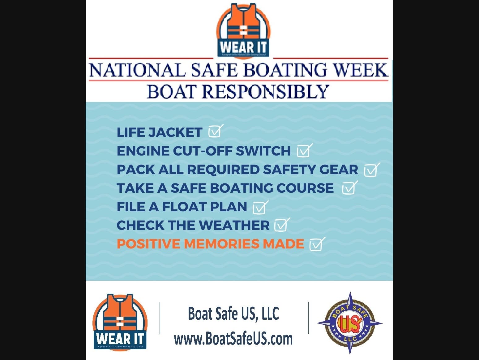 National Safe Boating Week 2025
Boat Safe US     www.BoatSafeUS.com|
#safeboating #wearit #realboaterswearit  #weloveboating #lifejacketsSAVElives  #nationalsafeboatingweek
