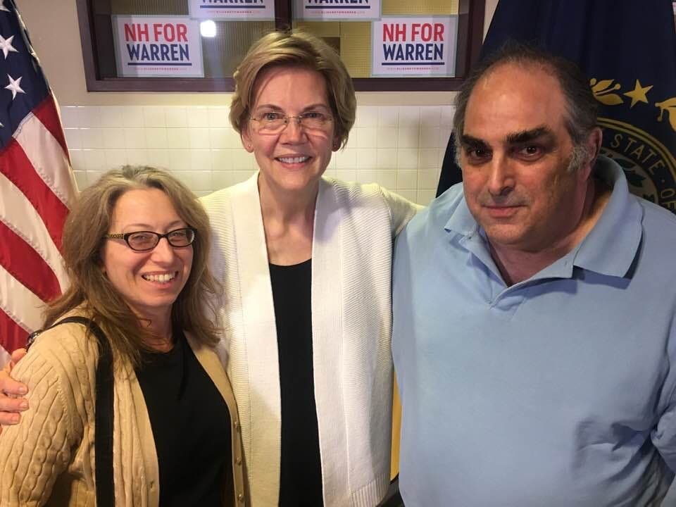 Joanne Petito, Senator Elizabeth Warren, and David Mirsky, at Portsmouth High School, April 12, 2019.