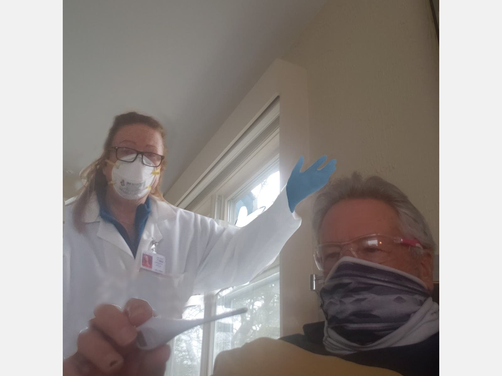 Louise Weadock, founder of ACCESS Nursing’s ACCESS COVID-19 Care Force, with patient Howard Schulder of Atlantic Beach, NY 