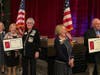 Left Picture from L, Ansel Brainerd Cook (ABC), NSDAR Regent, Peg Pracht, CSA recipient, Natalie Hilberg, ABC CSA Chairman, Judy Knoblock
Right Picture, from L, ABC Chapter, NSDAR Regent Peg Pracht, CSA Recipient, Nick Konz, CSA Chairman Judy Knoblock