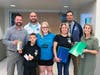 Back Row (L to R) Memorial Principal Joe Trsar, Central Assistant Principal Kevin Kuzanek, and CMS Principal James Clarke. Front Row (L to R) Harald Viking Lodge Members AJ and Ashley Erdmann and Rebecca Duda, and Kruse Principal Kim Hartnett.
