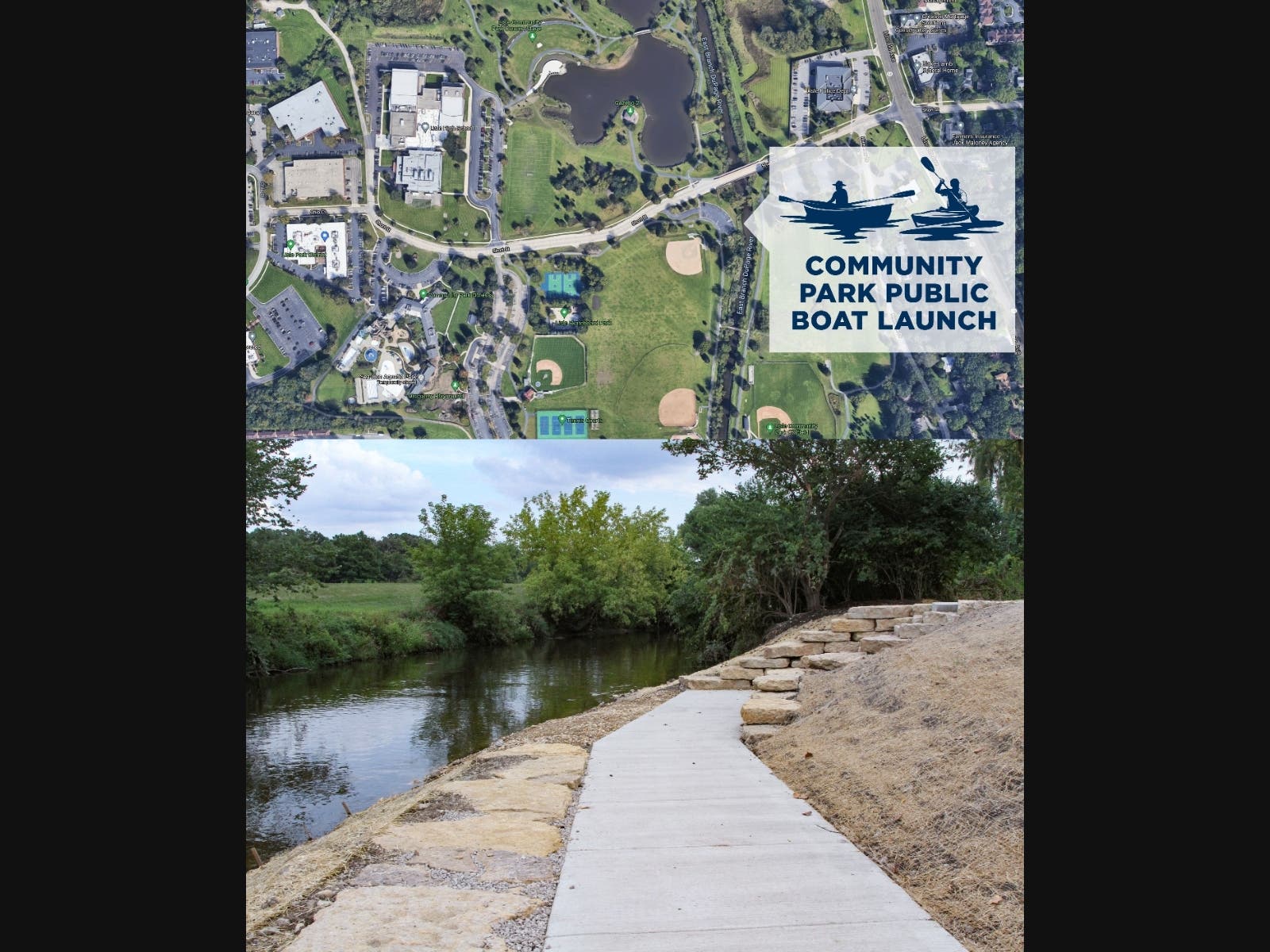 (top) Location of Public Boat Launch in Lisle Community Park; (bottom) Completed Boat Launch on the East Branch of the DuPage River