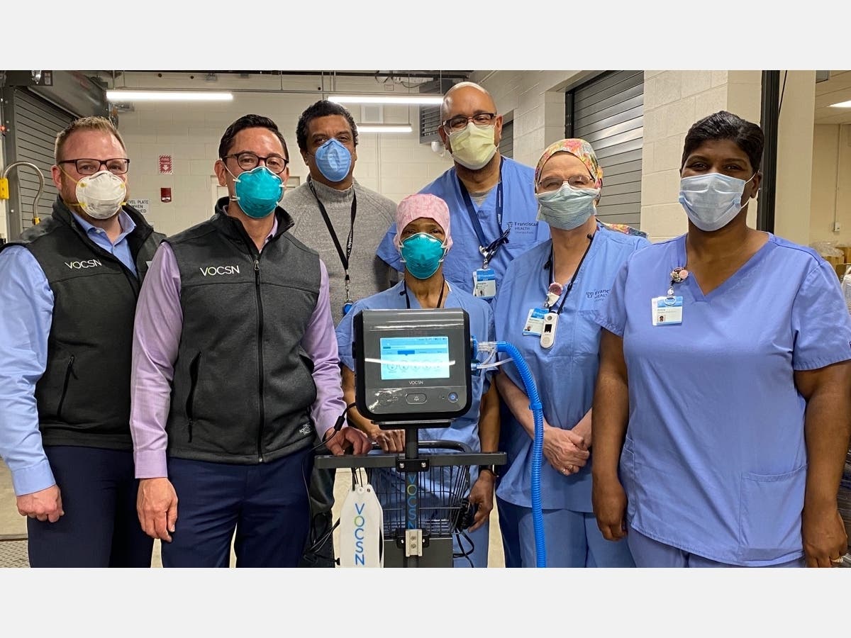 GM-Ventec representatives and Franciscan Health Olympia Fields clinicians with one of the first GM-Ventec ventilators delivered on Friday, April 17.