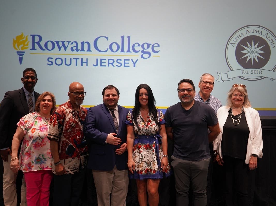 RCSJ Tri-Alpha and the Business Studies Division host “First to Class – First to Market.” (L-R) Erik Burrell; Esther Rodriguez; Etienne Carter; Jim Celia; Lauren Rastelli DeMarco; John Ervin; Rick Nelson; Judy Atkinson.