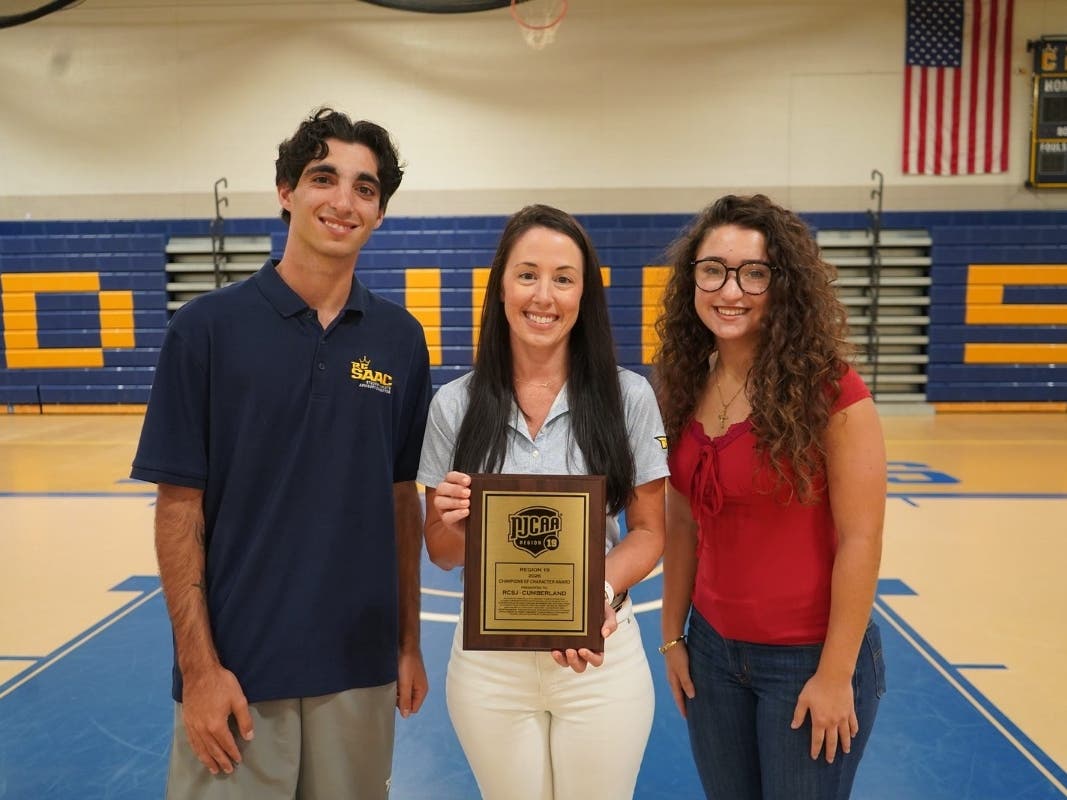 Rowan College of South Jersey–Cumberland Dukes Athletics program won its first-ever Region XIX Champions of Character award. From L-R: Chris B., president of SAAC; Jeanna DuBois, Dukes assistant athletic director; Skylynn O., vice president of SAAC.
