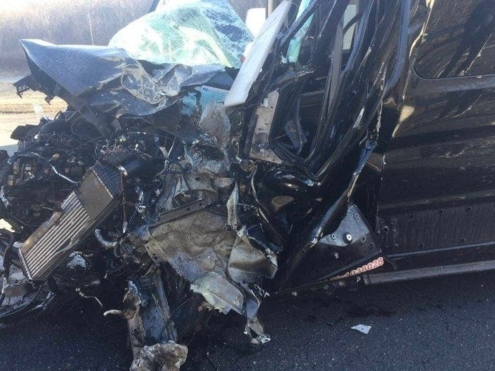  A van in tow broke loose and hit a tractor-trailer head-on.