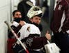 North Haven goalie Andrew Sacco give this thumbs-up between the second and third periods.