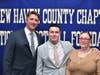 Hamden's Raymond Morales Jr. with mother Jennifer Clauss and coach Tom Dyer.