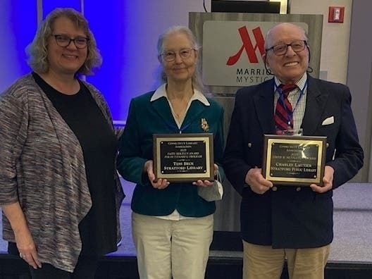 Pictured, from left to right, are: Stratford Library Director Sheri Szymanski, Tess Beck and Charles Lautier.