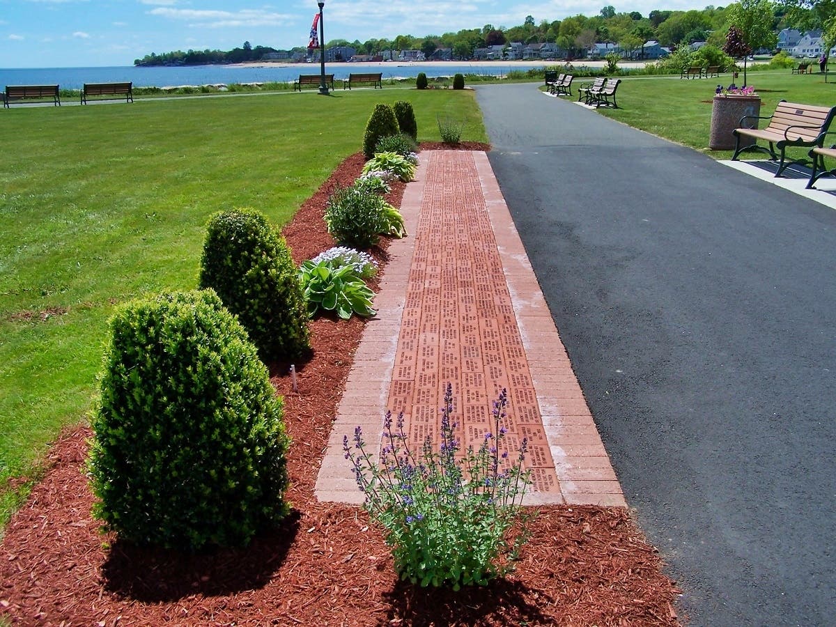 The brick Veterans Walk of Honor in Bradley Point Park, West Haven. 