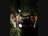 Fire crews cut down trees / brush to get the vehicle and extricate a person still trapped inside after the crash, according to officials.