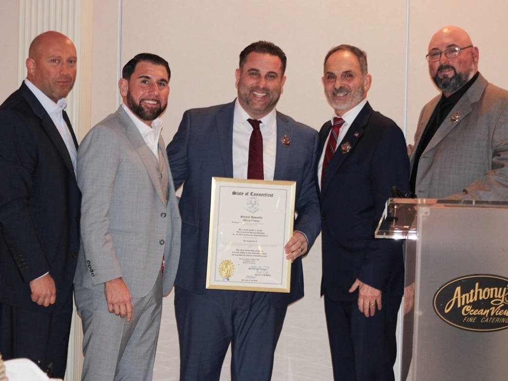 Pictured, from left to right: Vice President AJ Wambolt, Senator Paul Cicarella, President Gerard O’Connor, Representative Dave Yaccarino, Vice President Joe Vaspasiano, with the legislative citation honoring Max Sinoway Little League’s 75th anniversary.