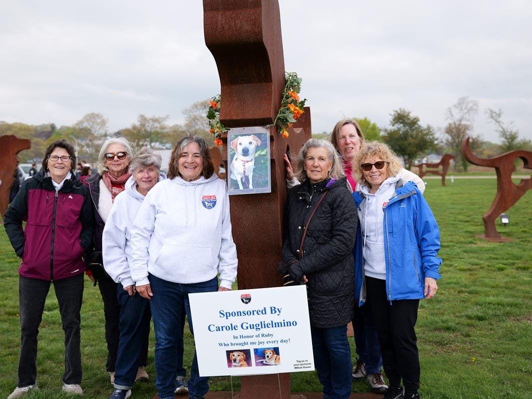From left, Michele Chartier, Rachel Barnett, Beth Sabo, Carole Guglielmino, Josephine Lombardi, Theresa Nilla and Teena Arbo stand beside the American Dog sculpture that Guglielmino sponsored in memory of her dog, Ruby, as part of “The Big Dog Show.”