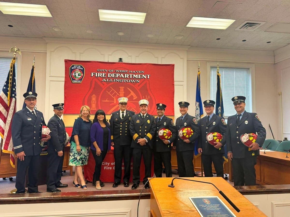Six career firefighters of the City of West Haven Fire Department Allingtown are promoted during a swearing-in ceremony at City Hall on Thursday.
