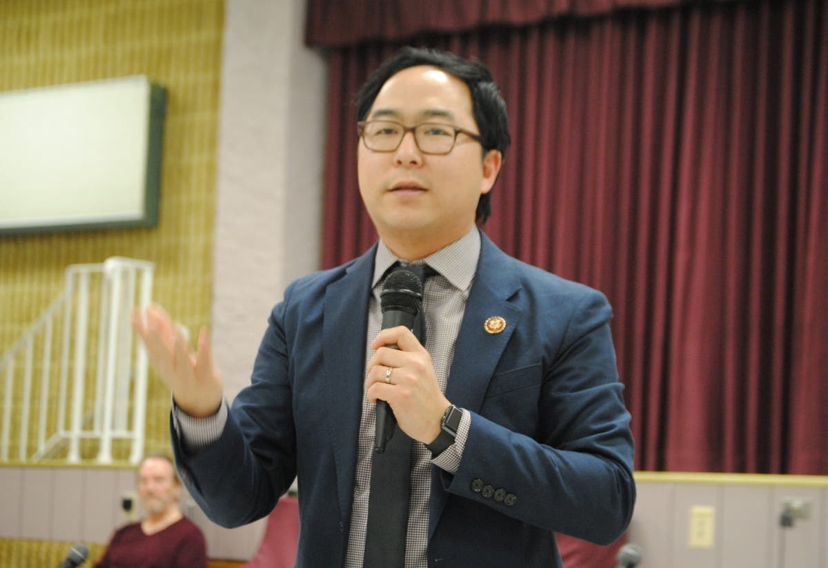 Rep. Andy Kim addresses the town hall audience in Berkeley Township in February.