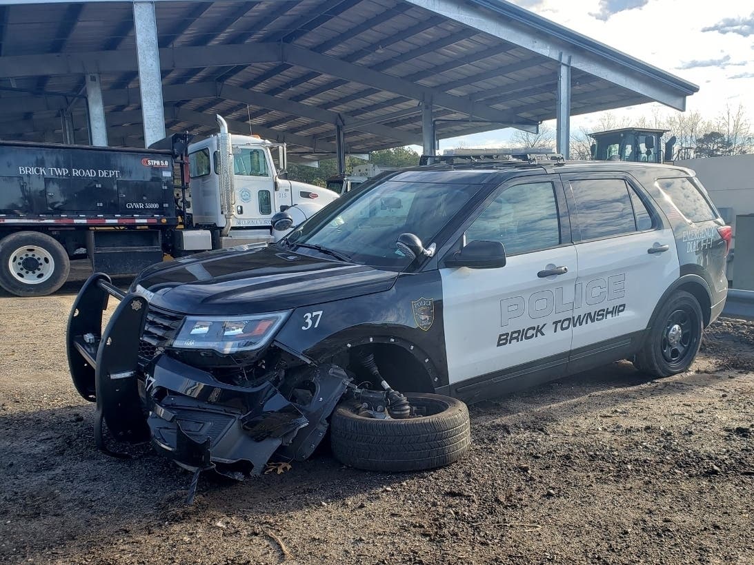 This was the damage caused to a Brick Township officer's vehicle Sunday evening on Route 70 when a driver failed to move over, police said.