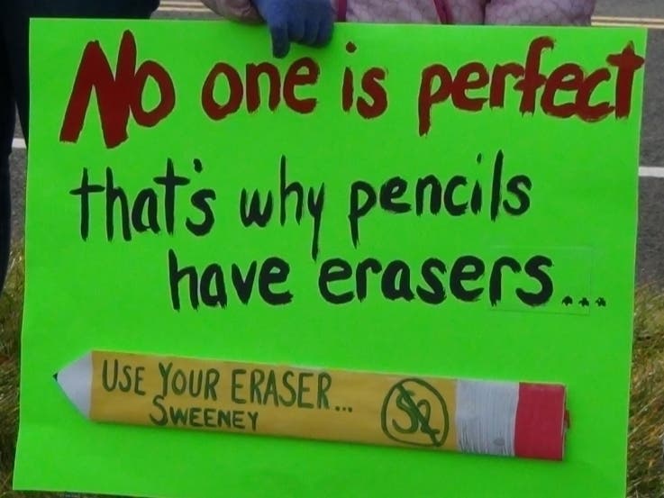 A sign at the protest held when Senate President Stephen Sweeney spoke to the Ocean County Mayors Association in January. Toms River and other districts are seeking a pause on S2 and a reexamination of the formula on local fair share.
