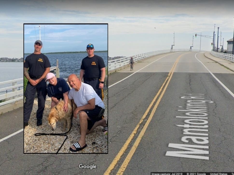 New Jersey State Troopers Ryan Koehler and Vincent Ferdinandi found Chunk swimming in Barnegat Bay Tuesday morning and were able to rescue him and return him to his owners. 