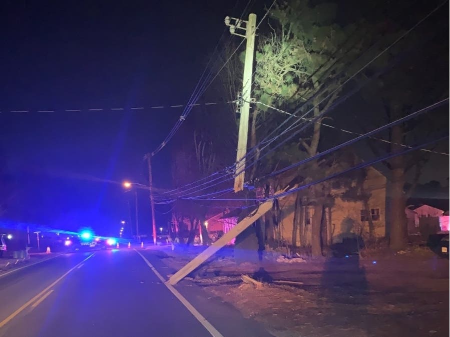 A pickup truck hit a utility pole Monday night at Commonwealth Boulevard and broke it, and left parts behind, police said.
