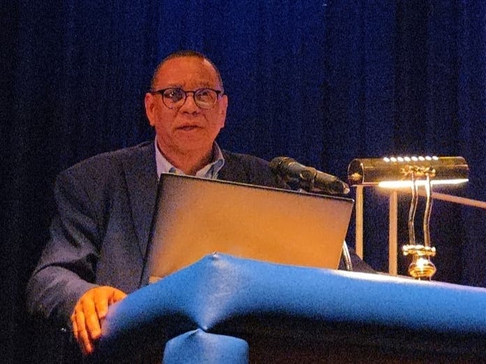 Lt. Gov. Dale G. Caldwell speaks at an event in Manchester in January. Gov. Mikie Sherrill has called on him to resign by Friday over substantiated findings that he sexually harassed women on the staff.