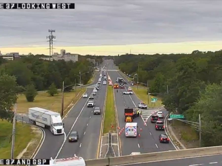 Traffic was completely blocked westbound on Route 37 and eastbound traffic has been interrupted intermittently by downed wires and a utility pole, according to 511nj.org.