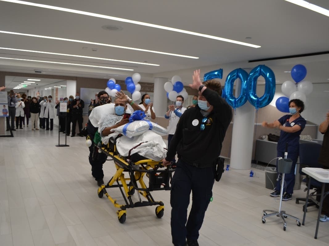 The patient, 57-year-old Henry Perez, of Mastic, was discharged with a clap-out farewell by hospital administration and staff on Monday.