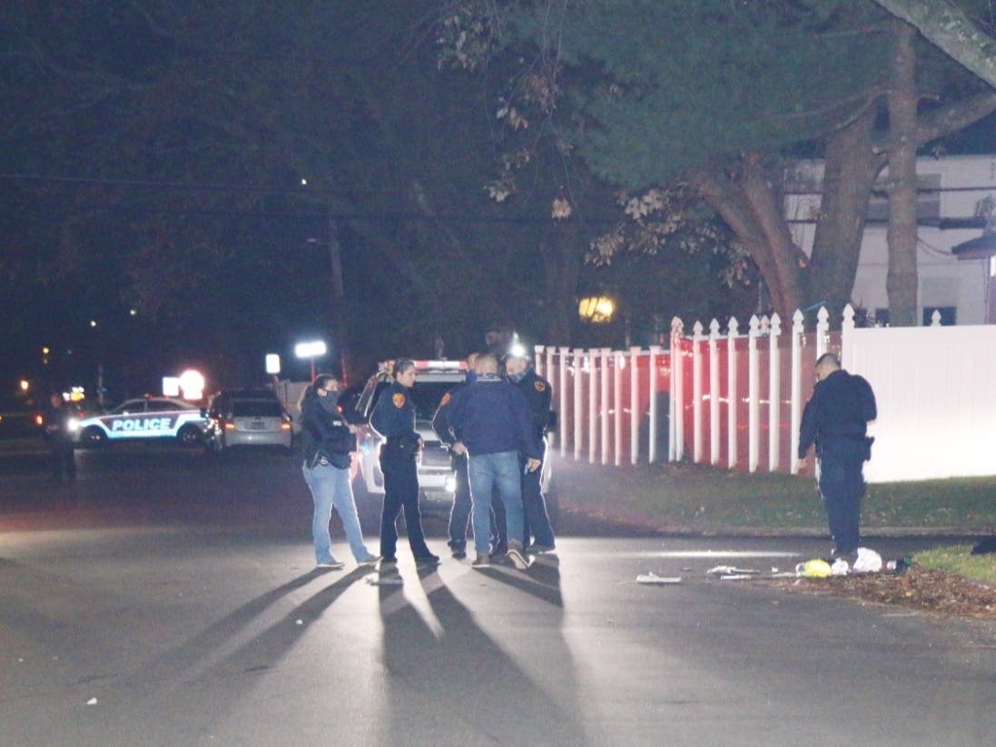 The scene of a stabbing in Brentwood Thursday. Two people were killed and three were injured.