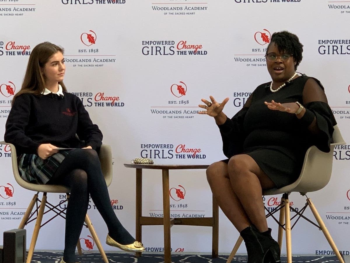 Paris Forest, who has been instrumental in leading key technical efforts at Boeing since 1999, was interviewed by Woodlands Academy senior Pascale Ricketts during the school’s first “Imagine Yourself in the C-Suite” program of the year.