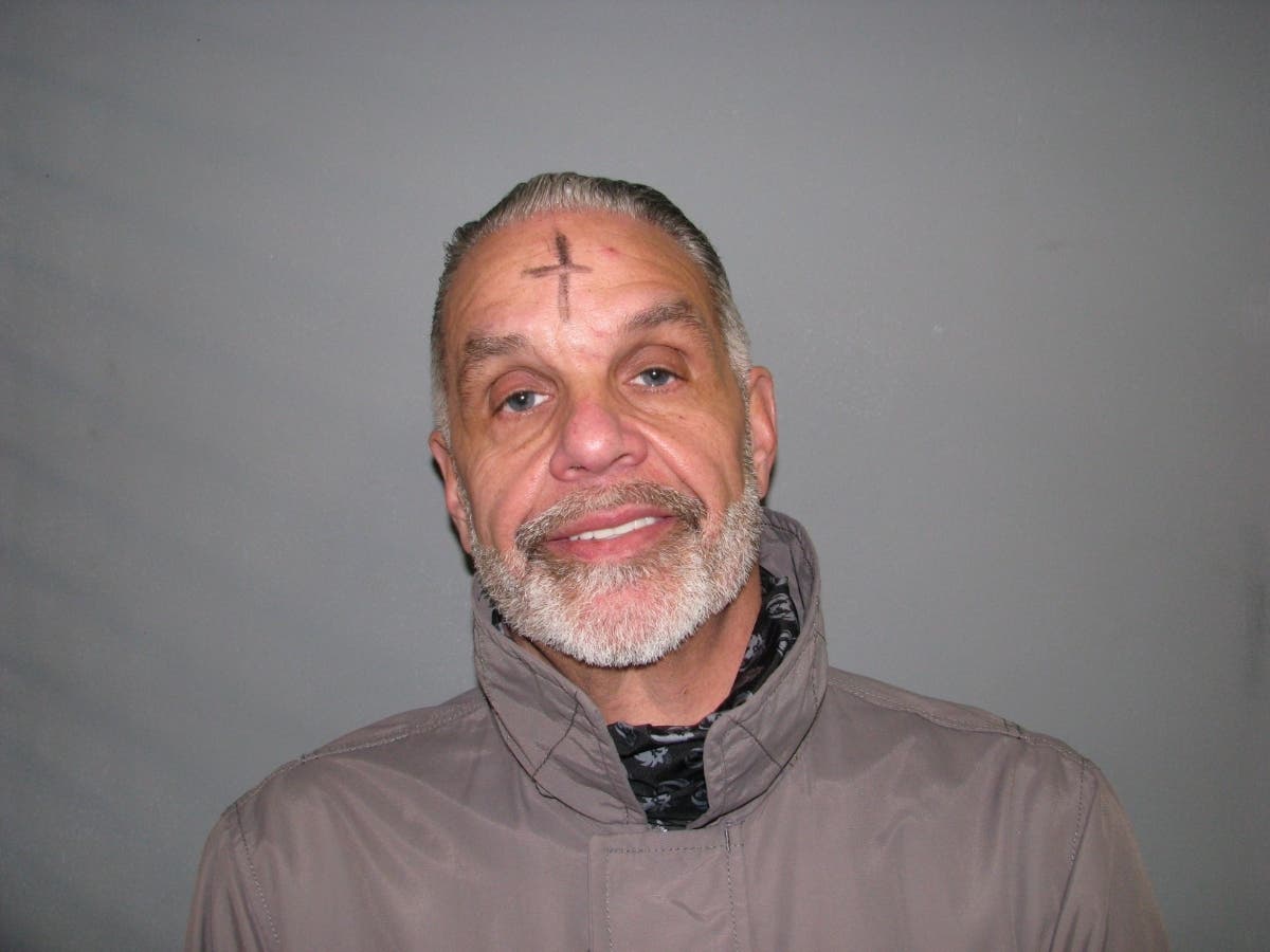 John J. Vazzano's booking photo. The 58-year-old Trumbull resident was arrested Ash Wednesday and appears to have a cross marked on his forehead.
