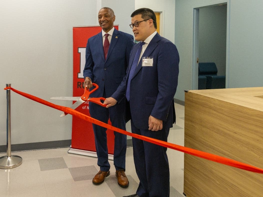 Rutgers University President William F. Tate IV and Human Services Commissioner Stephen Cha cut the ribbon at the state’s first Crisis Receiving Stabilization Center, located in Newark, N.J.