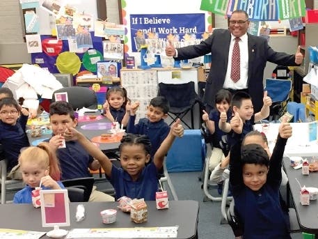 Pictured is Kansas City Representative Richard Brown at James Elementary last year before the pandemic.