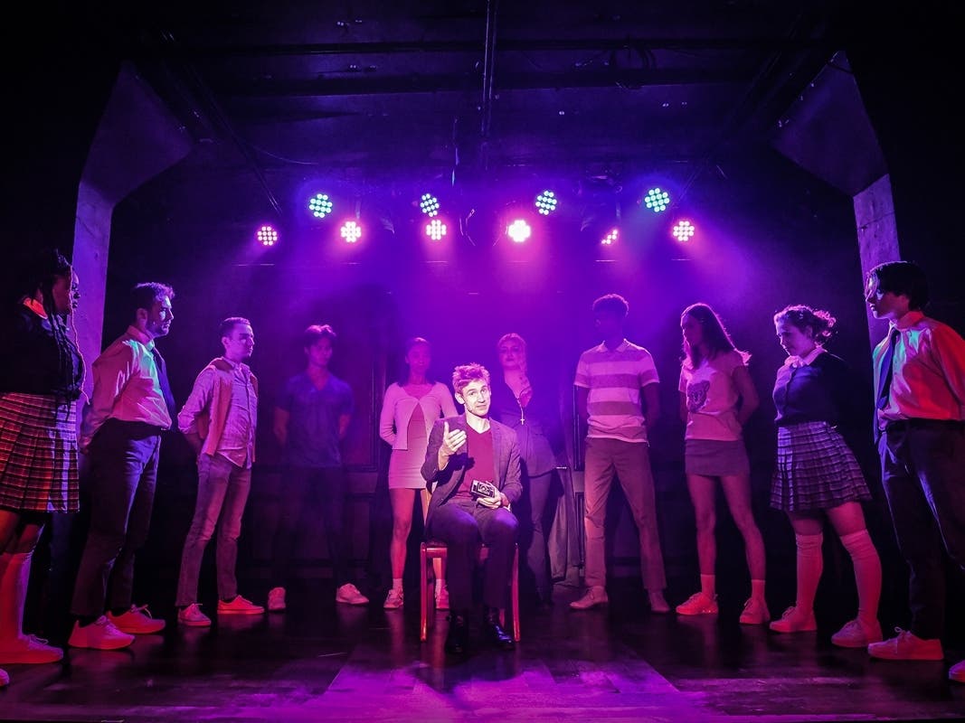 David Moreland (center) and the company of Kokandy Productions’ Chicago storefront premiere of Cruel Intentions: The ’90 Musical. 