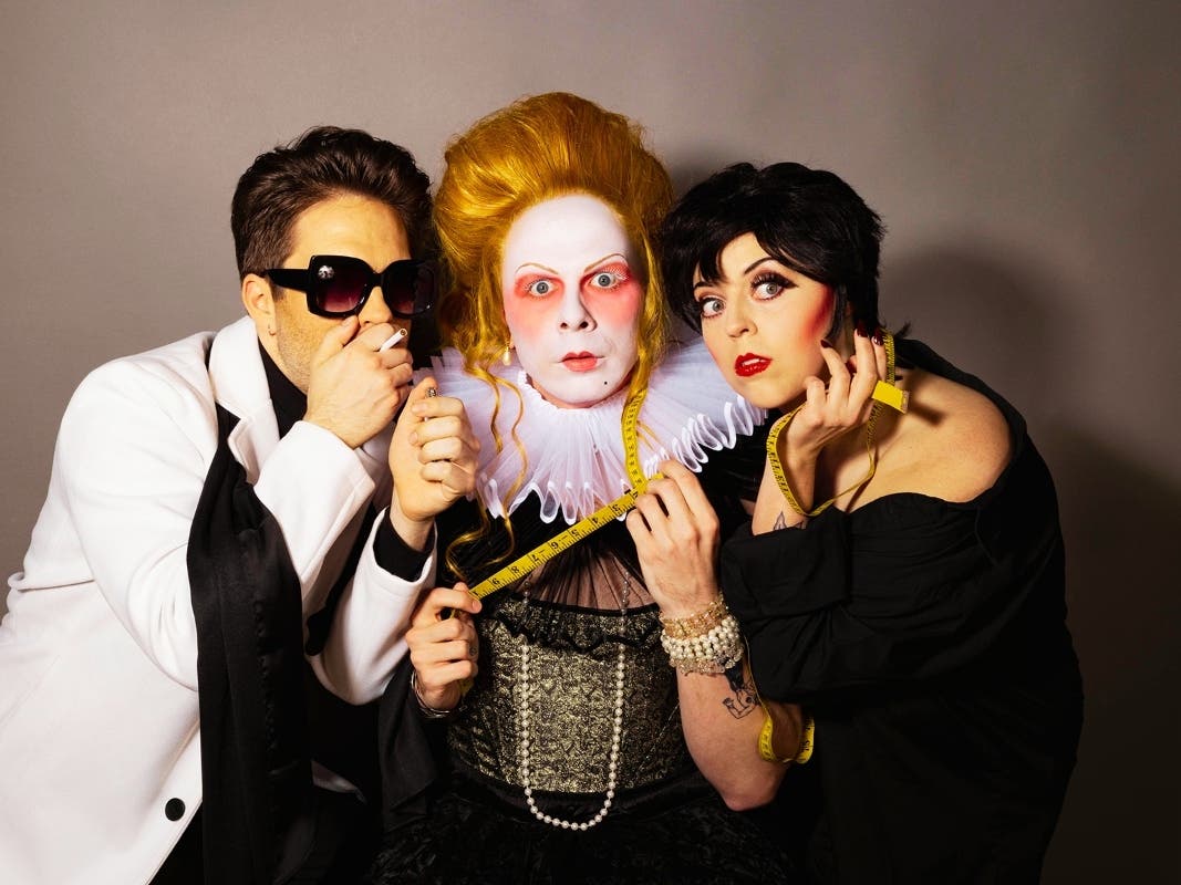 Pictured; (left to right) Will Lidke as Halston, Tyler Anthony Smith as Queen Elizabeth I and Dakota Hughes as Liza Minnelli in a publicity image for QUEEN FOR A DAY