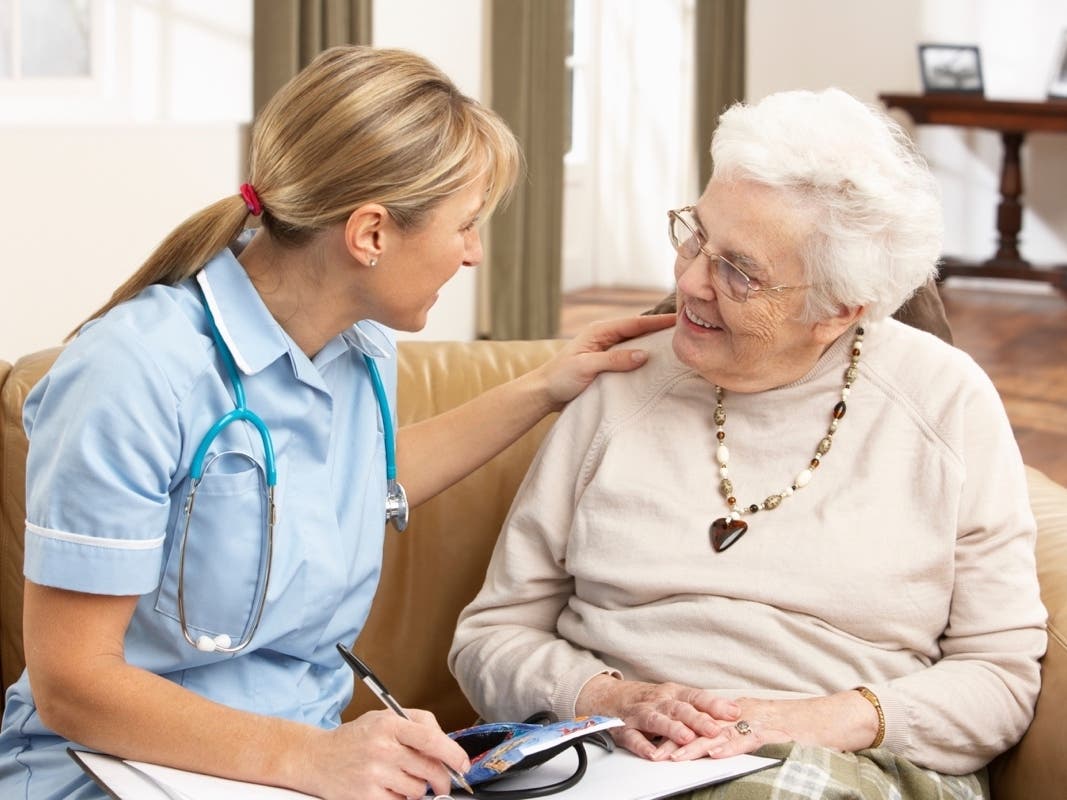 Senior Woman In Discussion With Health Visitor At Home