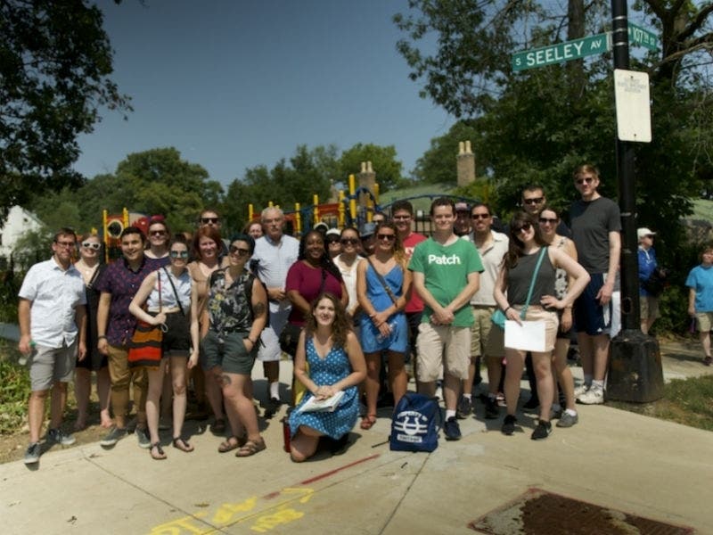 Patti Swanson, front and center bottom row, brings the Chicago for Chicagoans tour back to Beverly.