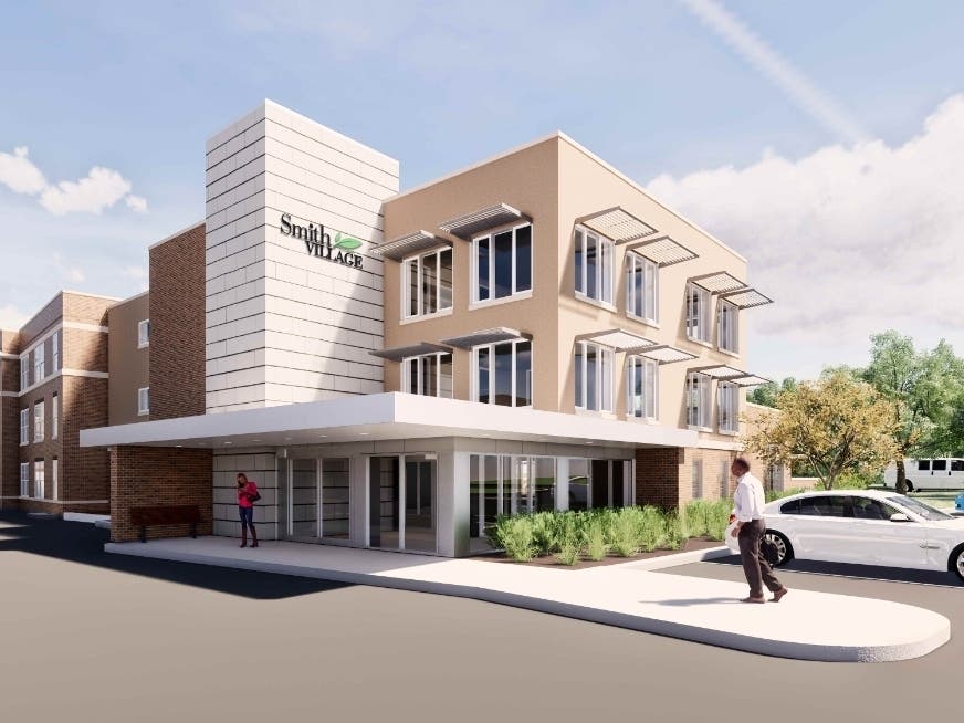 View of new entrance from the 113th Place parking lot for Smith Village’s modernization of its Johanson Wing to include a 10,204 square-foot addition to house therapy and dining rooms.