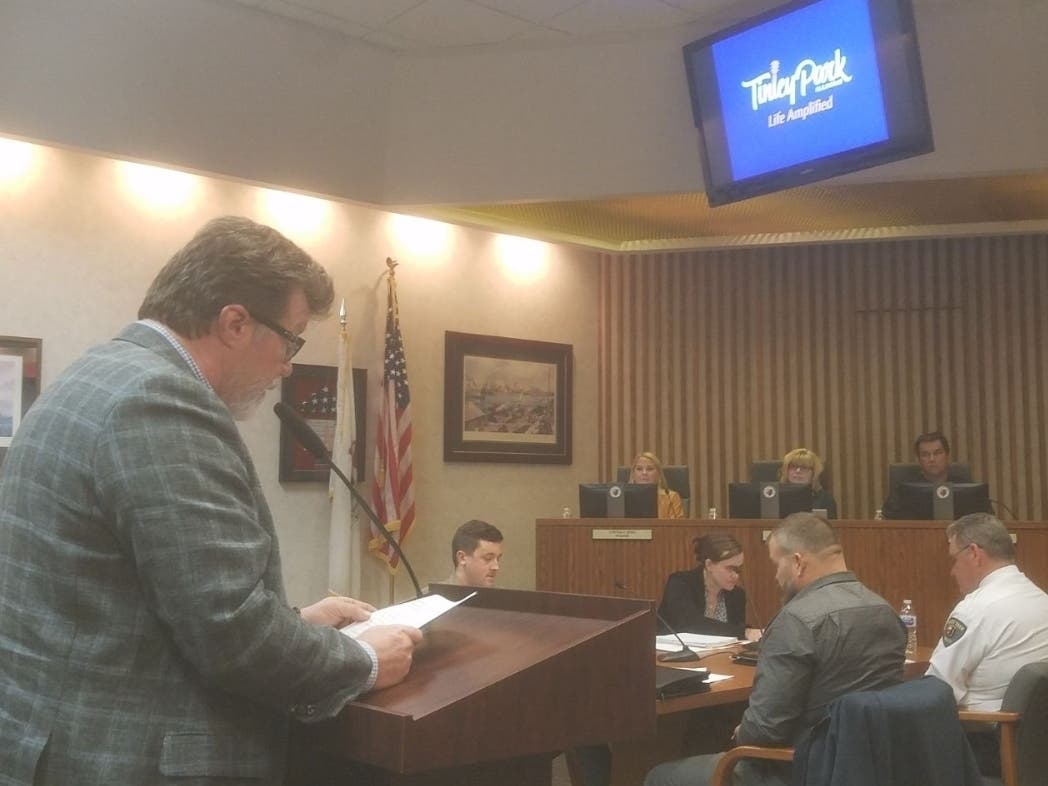 Rick Heidner addresses the Tinley Park village board Tuesday night, saying he remains committed to opening a racino in town.