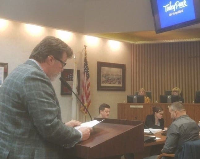 Rick Heidner, shown here addressing the Tinley Park Village Board in November. 