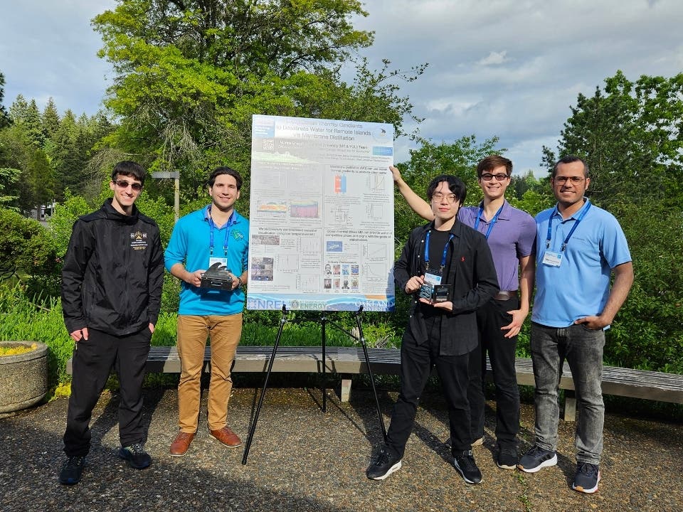 OU team members with the poster they presented at this year's Marine Energy Collegiate Competition, from left: Lance Markowitz, Matthew Brauer, Mike Zheng, Gerard Griest and Saber Khanmohammadi. 