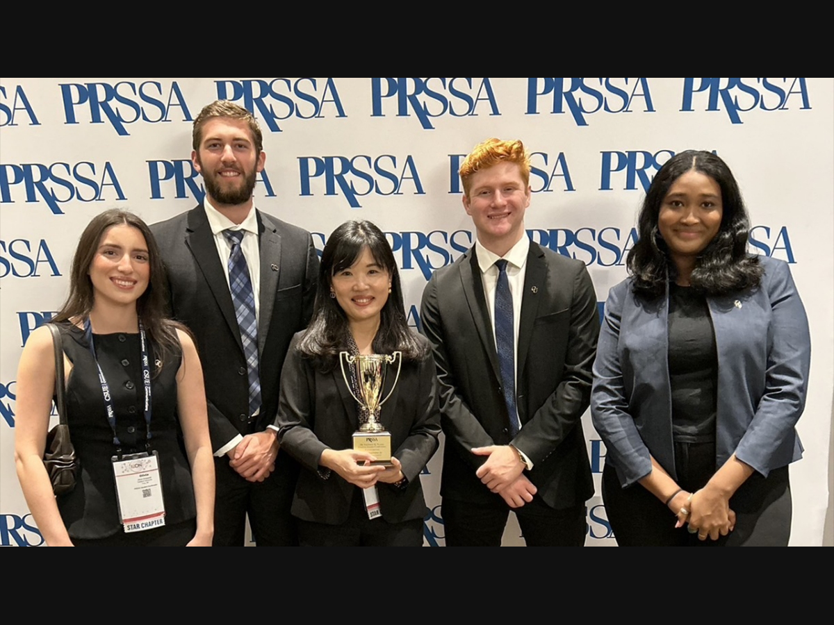 OU PRSSA members pictured with chapter adviser Chiaoning Su at the 2024 ICON Conference, from left: Olivia Chiappelli, Ethan Schuerman, Chiaoning Su, Anthony Piccirilli and Columbia Ward.