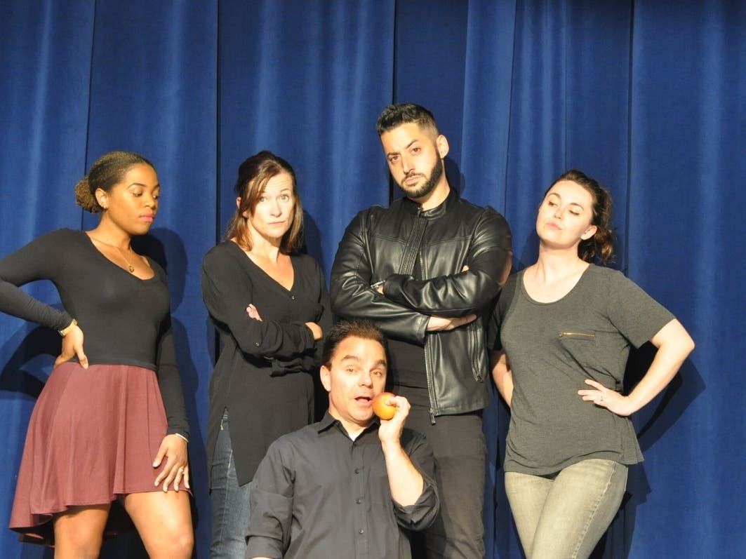 L to R Top Actors Gabrielle Grant as Pauline Clench, Elizabeth LeBoo as Rachel Crabbe,  Blake Gouhari as Stanley Stubbers. Britteny Stane as Dolly; and center - Brian Clarke as Francis Henshall rehearse for "One Man, To Guvnors"  -