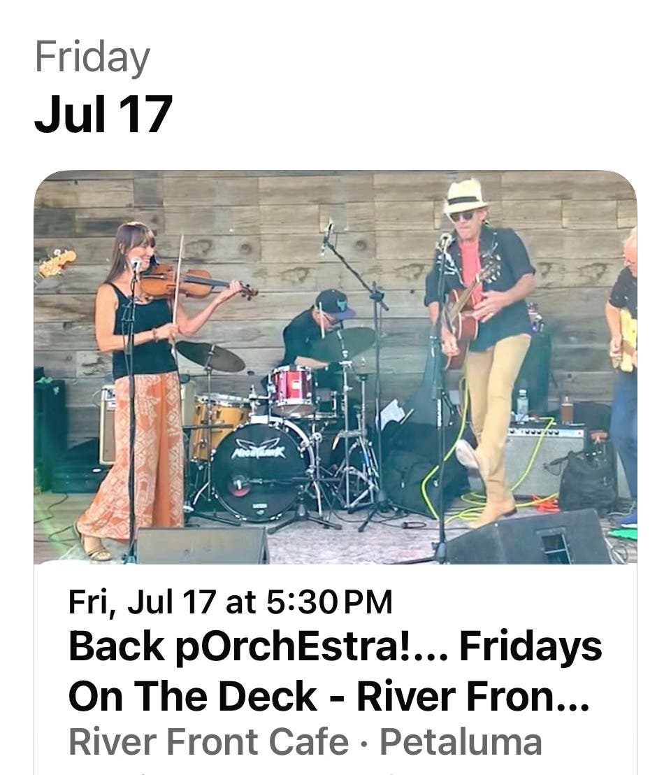 Back pOrchEstra!...OUTDOOR show at River Front Cafe. "Fridays On The Deck,"" July 17, Fri. Eve., 5: