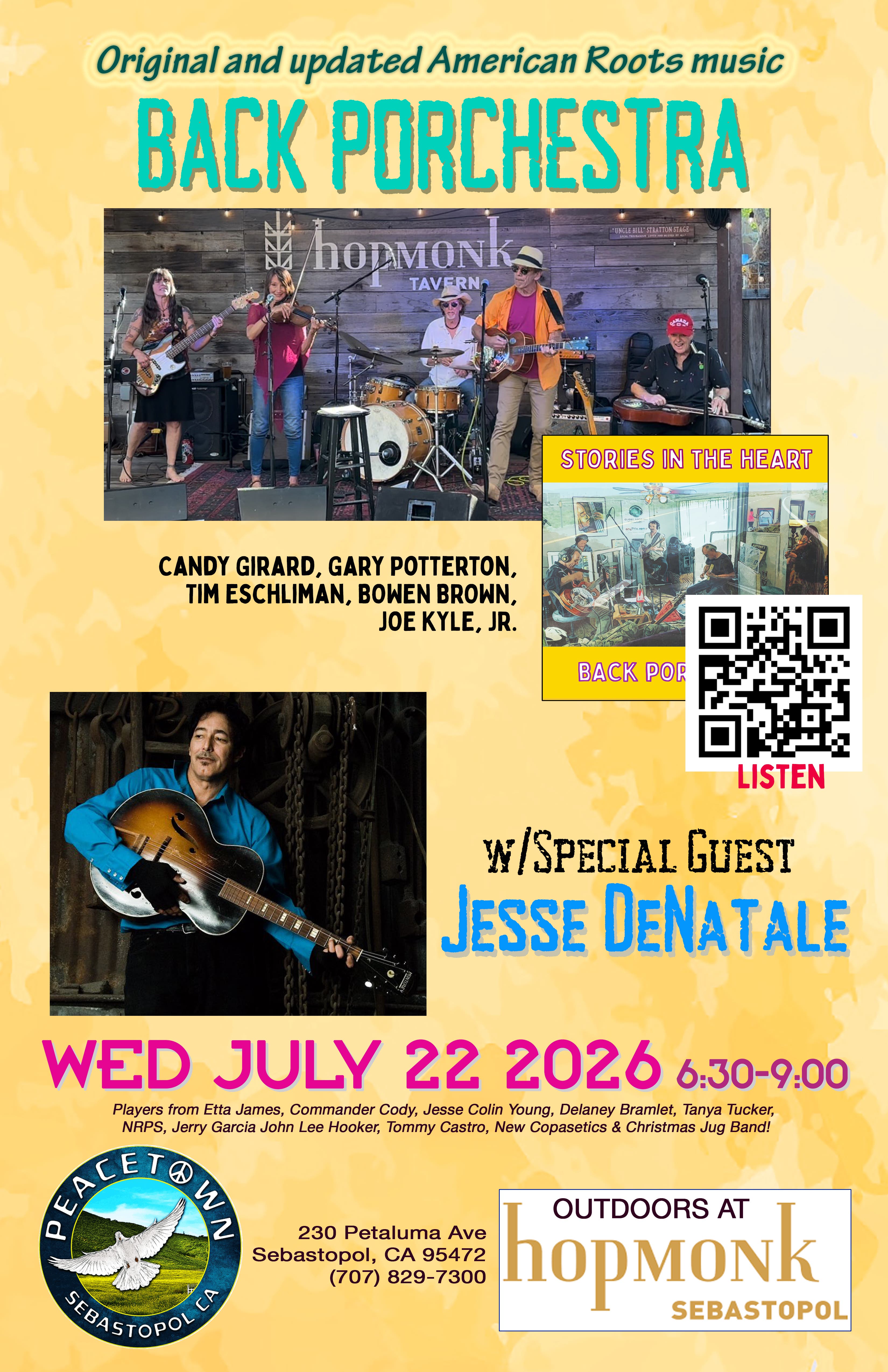 Back pOrchEstra and Special guest Jesse DeNatale at Hopmonk Sebastopol / Peacetown Wed, July 22, 202